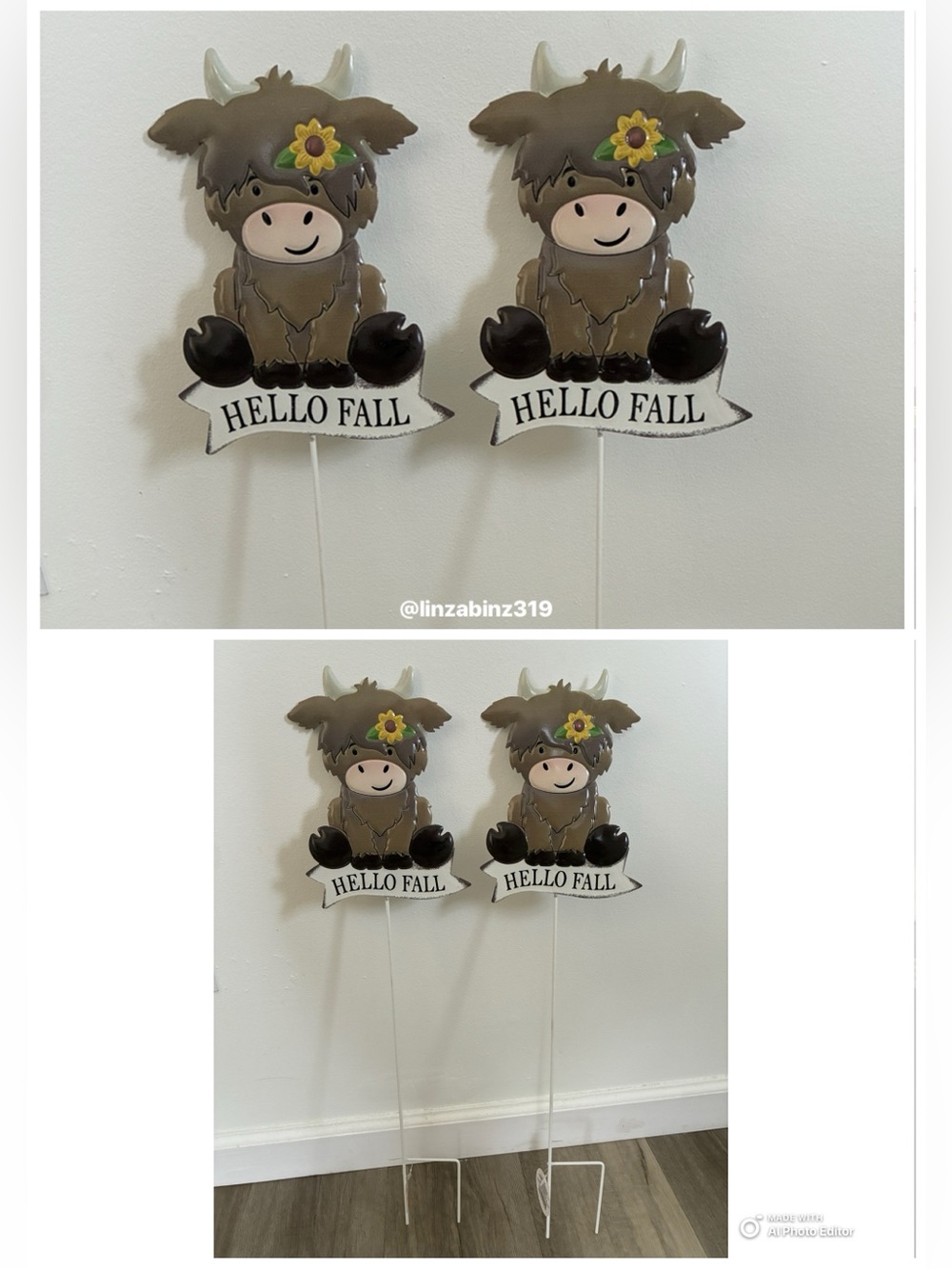 NWT- Set of 2- 24” -Hello Fall- Brown Highland Cows- Yard or Garden Stakes